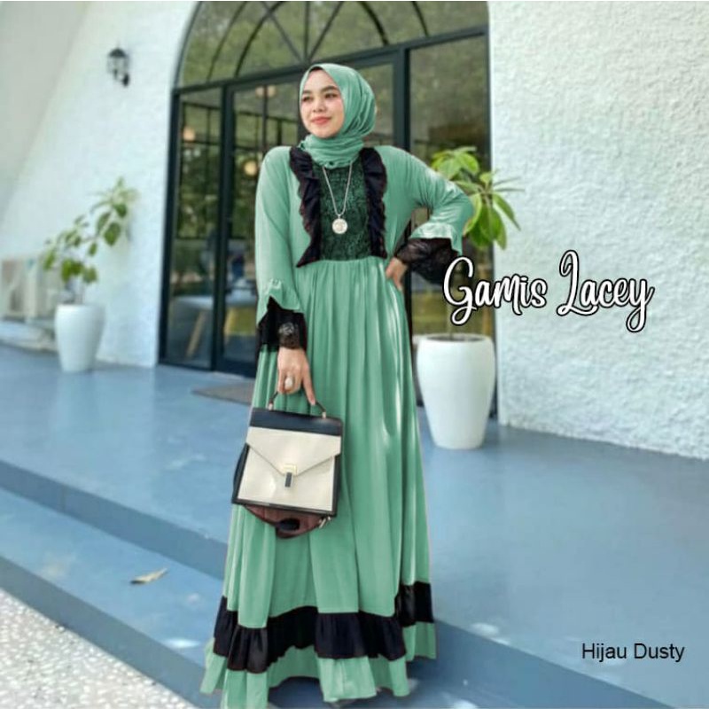 Gamis Lacey, GAMIS MUSLIM CANTIK FIT XXL LD 110 BAHAN CRUTTY BABYDOLL FULL FURING MIX LACE OOTD TERLARIS TERMURAH OOTD