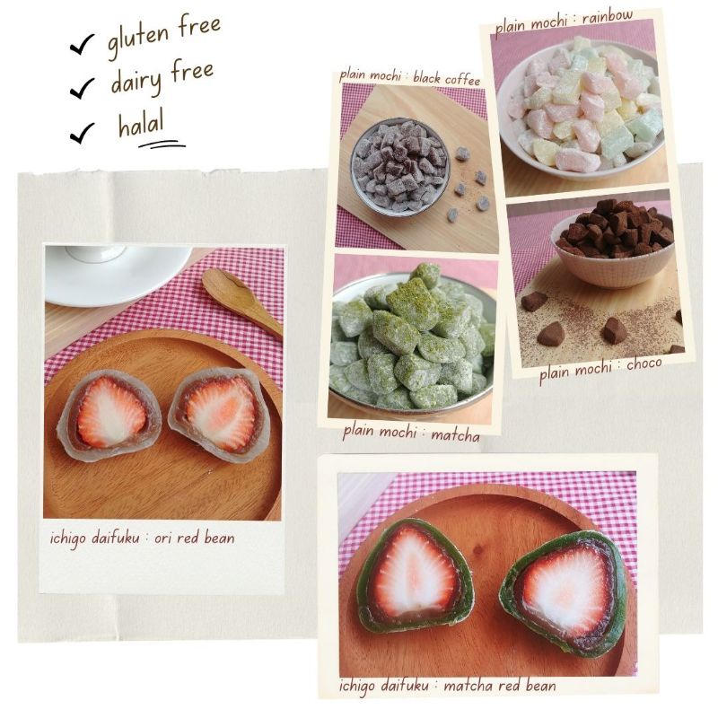 ICHIGO DAIFUKU (6-10 pcs). varian : original-matcha-choco-pinku-taro. mochi jepang isi buah stoberi