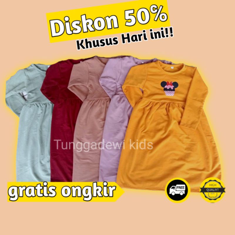 Gamis Kaos Anak Lengan Panjang Dress Busana Muslim Anak Perempuan Cewek Kids Umur 1 2 3 4 5 6 Tahun 