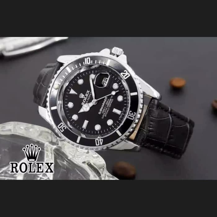 Jam Tangan Rolex Pria Tanggal Aktif Tali Kulit - Hitam