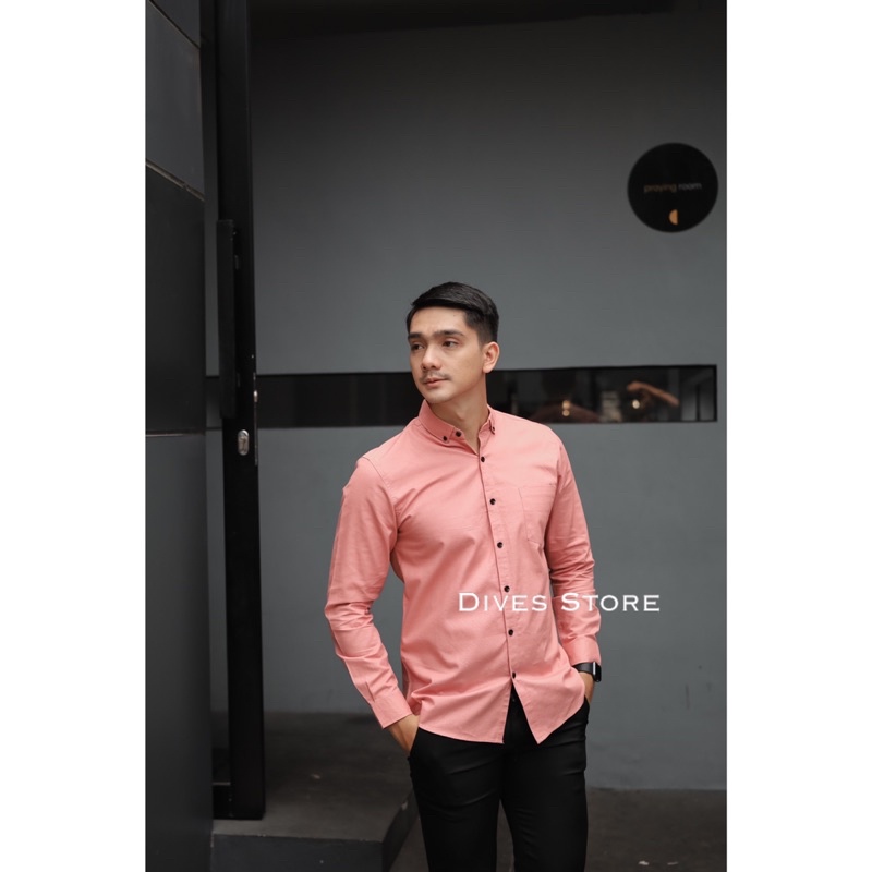 Divesstore Kemeja polos pria lengan panjang basic kasual kantoran pink salam / kemeja cowok / atasan pria