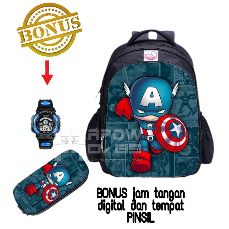 Tas ransel anak laki-laki karakter superhero gratis tempat pinsil jam tangan - tas anak