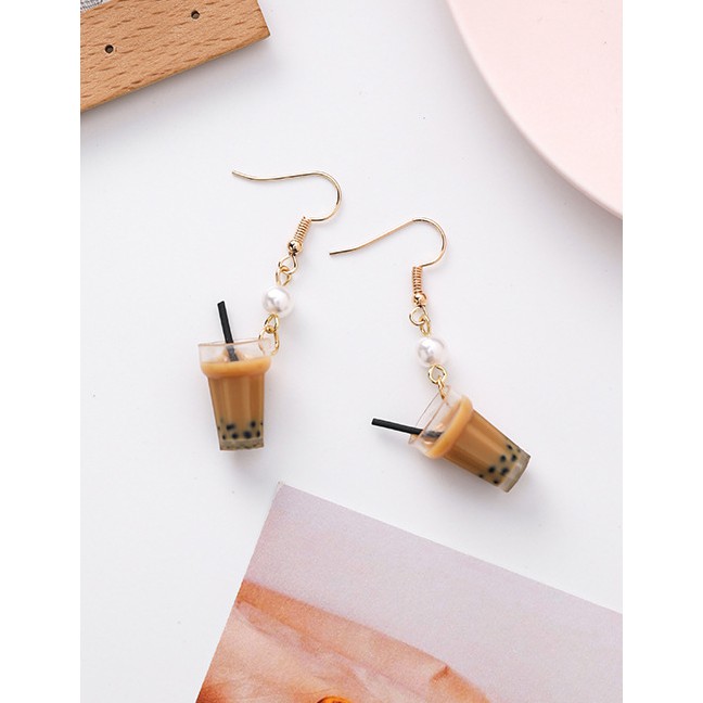 LRC Anting Tusuk Fashion Pearl Milk Tea Earrings F81341