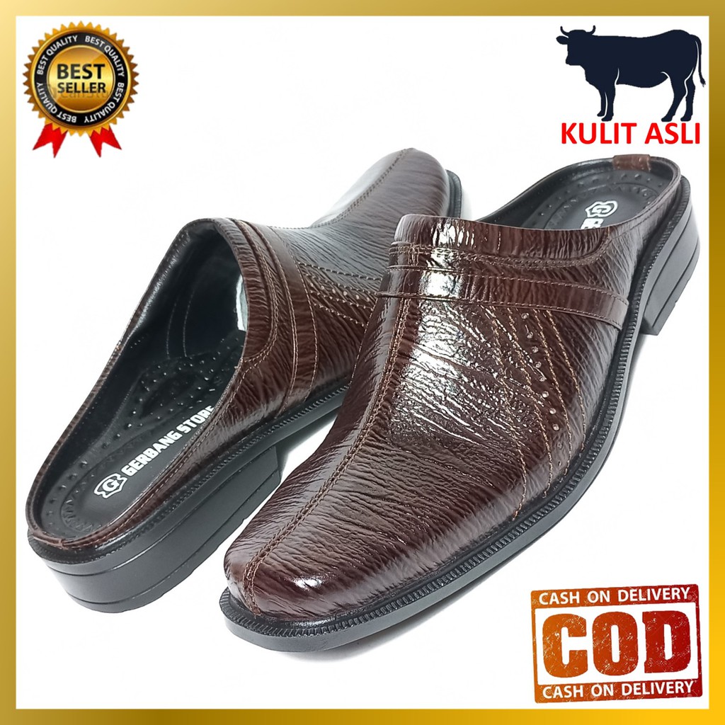 Sepatu Sandal Slop Kulit Asli Sapi Kantor Dinas Resmi Pesta Pantofel Formal Big Size 38-45 (IW 1)