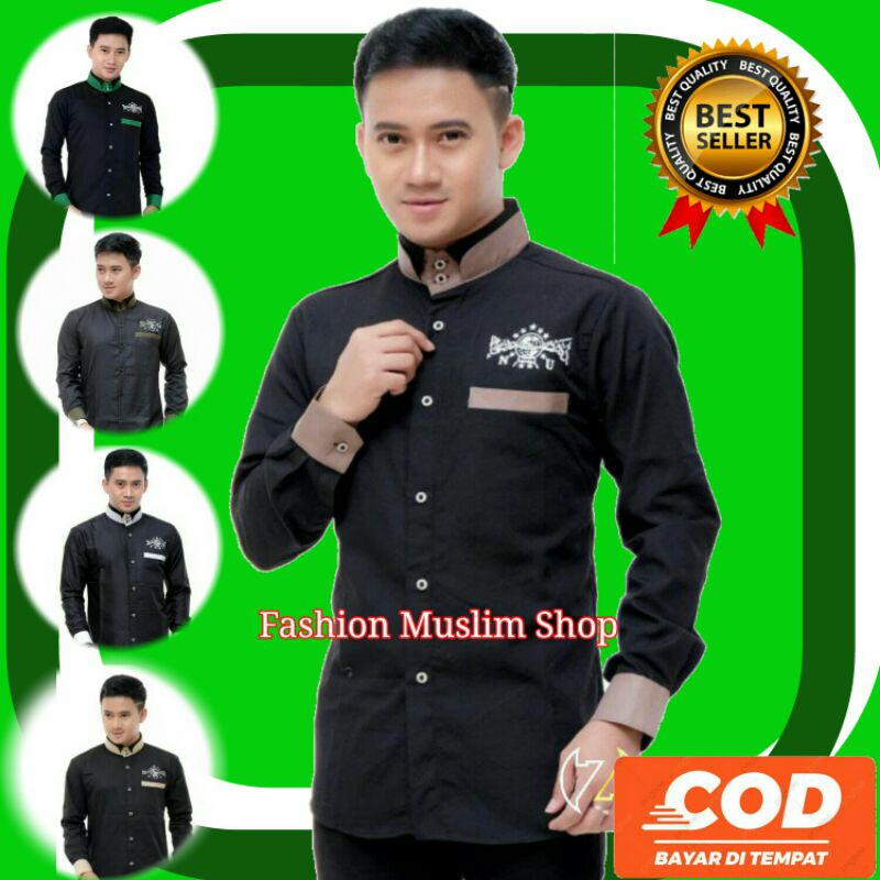 Fashion Busana Baju Kemeja Atasan Koko Muslim Pria Dewasa Kombinasi Hitam Bordir NU Hadroh