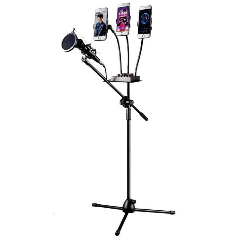 Paket Microphone BM8000 Soundcard V8 Standing Berdiri 3x Phone Holder Tripod Rekaman Terbaik