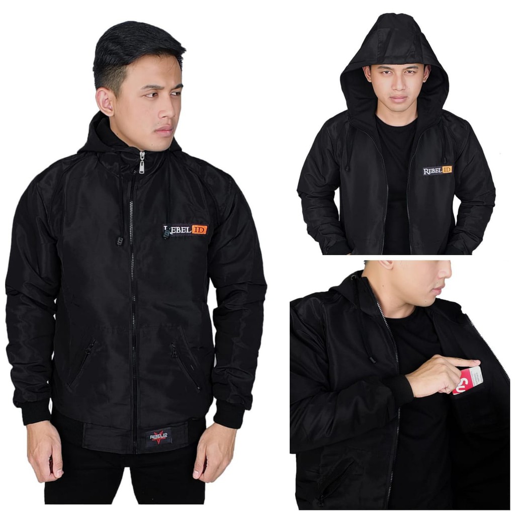 JAKET PARASUT HOODIE BLACK REBEL ID - JAKET PARASUT PRIA - JAKET TASLAN PRIA TERBARU NV010203