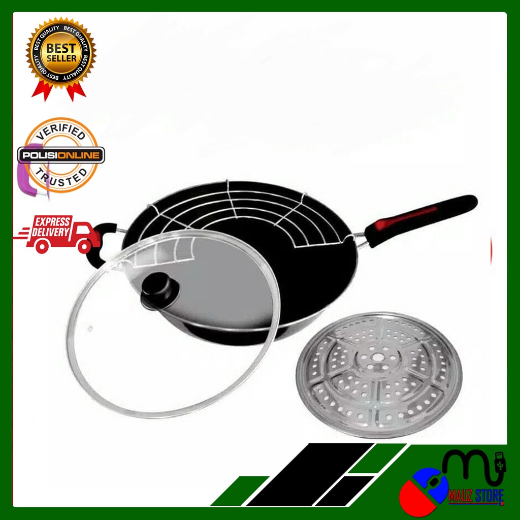 Panci Goreng 34 Cm Serbaguna - Wajan Goreng Tutup Kaca - Enamel Gagang-Mauz Zabir