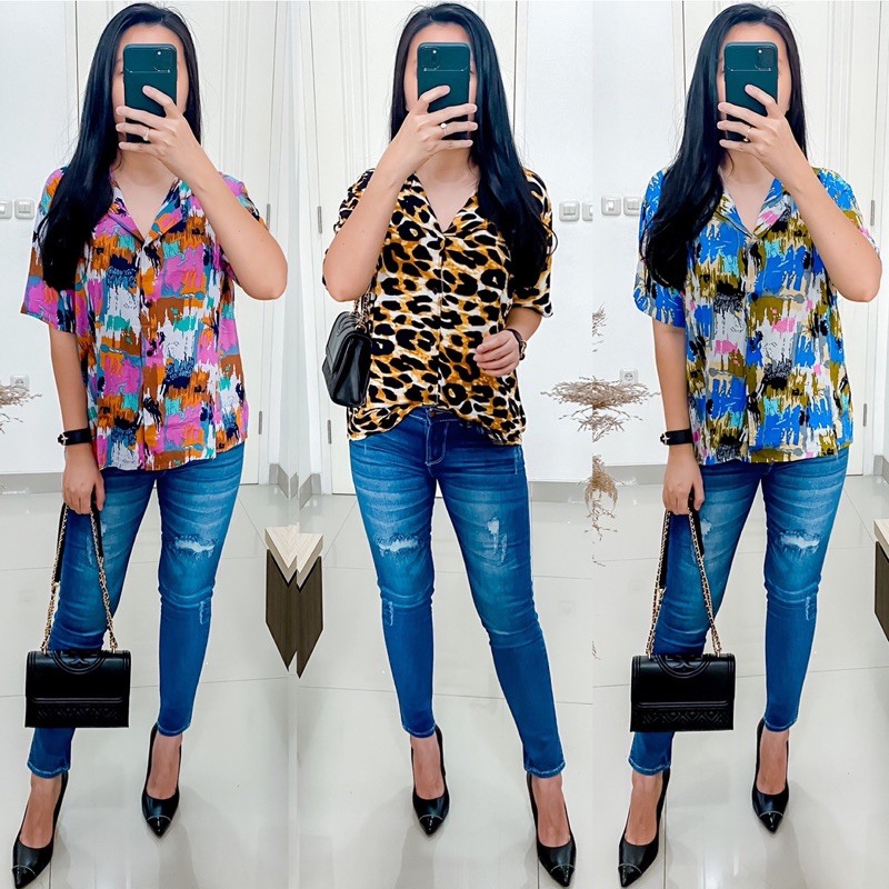 Double Lucky / Kemeja Rayon Pendek / Kemeja Wanita Rayon / Baju Atasan Wanita / Corak-1