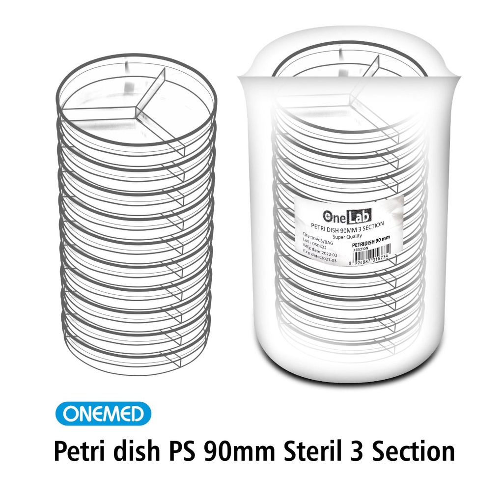 Petridish Plastik Steril 3 Bagian Onemed 90mm Pack Isi 10's OJB