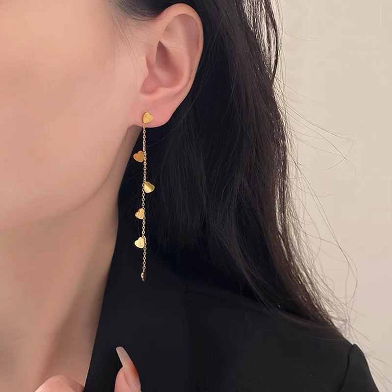 Anting Titanium Asli Hati Rumbai Panjang Lapis Emas 18K Anti Karat Perhiasan Fashion Korea