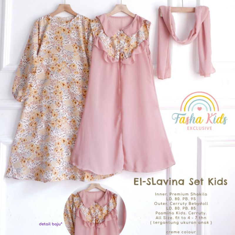 GAMIS ANAK CEWEK PLUS JILBAB PASHMINA// Gamis El Slavina// Bahan Inner Premium Shakila mix Outer Cer