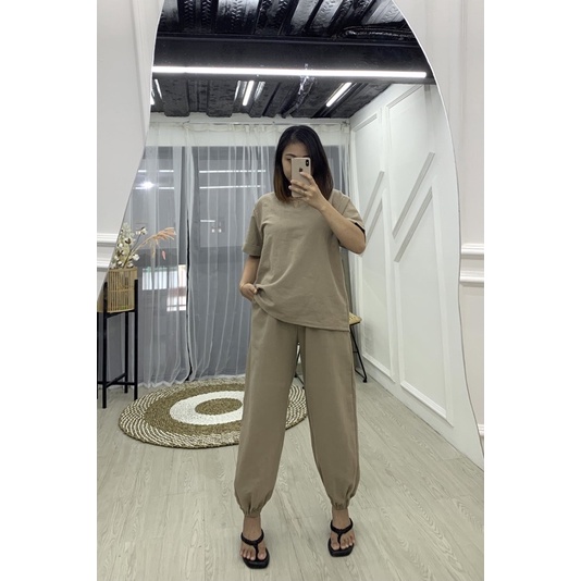 JOSHIN Suzy Set - Setelan Wanita Joger Polos Linen Rami