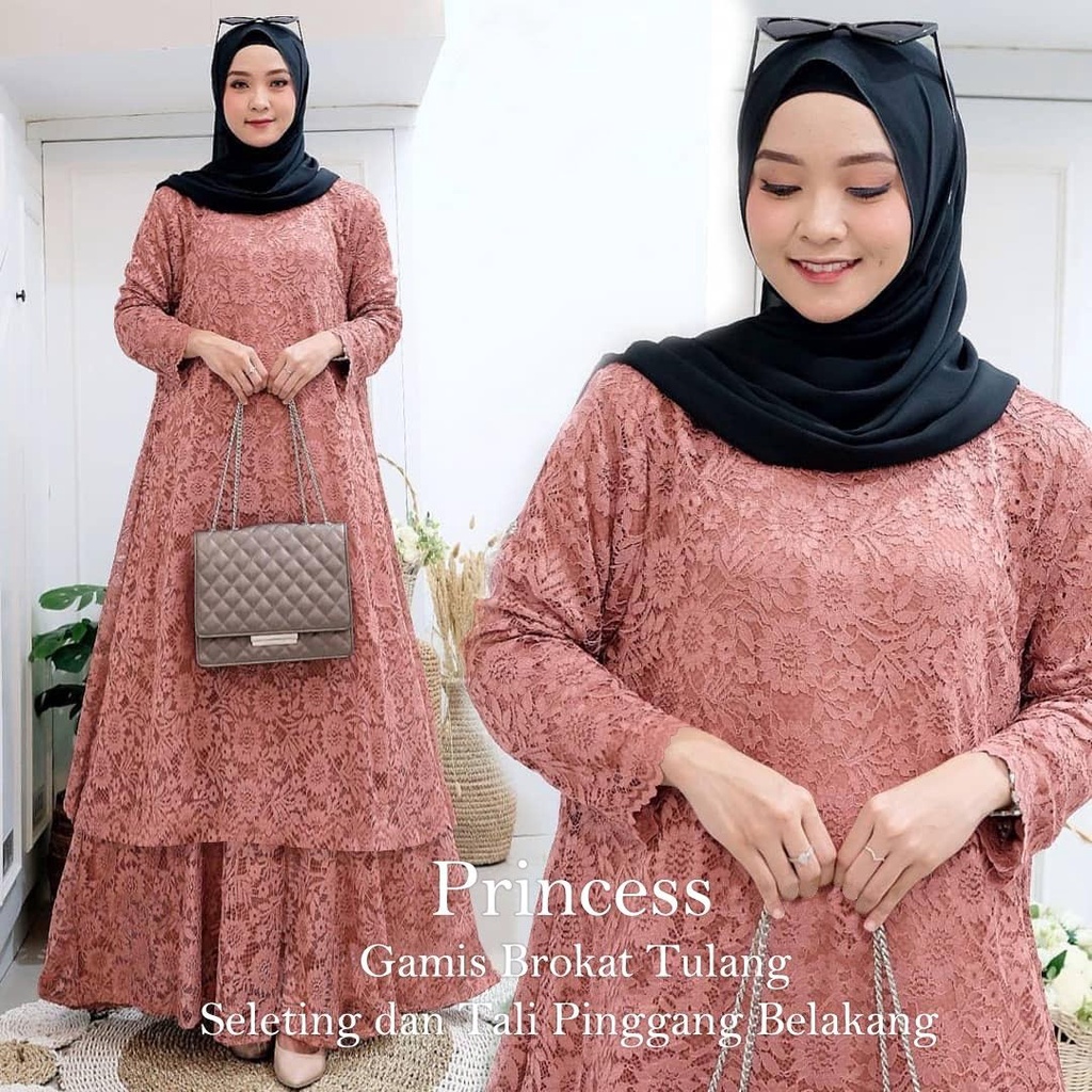 ELDE 5 - Princess Gamis Maxi JUMBO ( L - XL - XXL - XXXL ) Brukat tulang import lapis furing , seleting belakang , ada tali pinggang