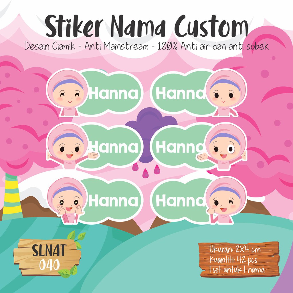 Slnat 040 Sticker Label Nama Anak Sekolah Kartun Cute Waterproof