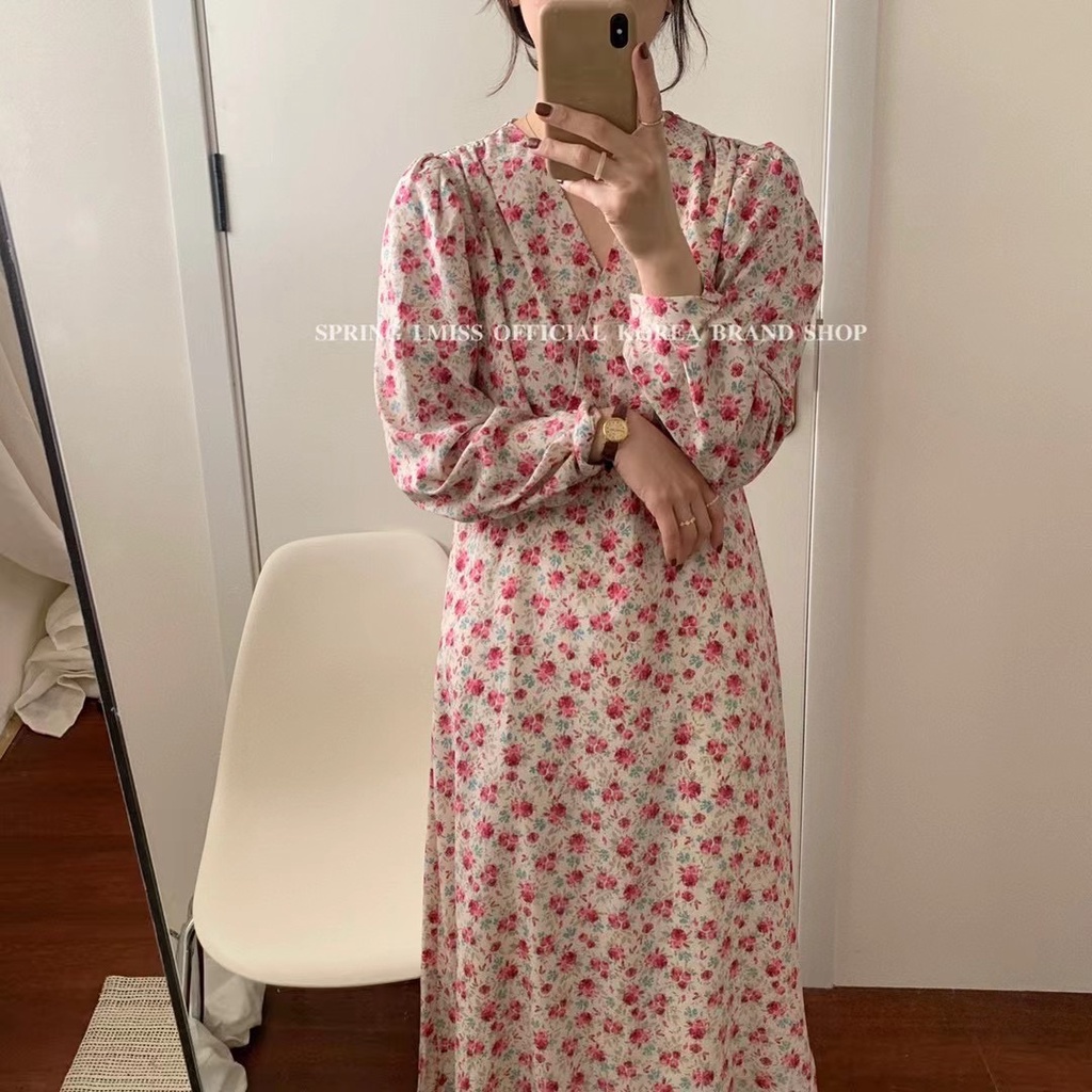 AIMEI Vintage Longgar Floral V-Neck Lengan Panjang Dress