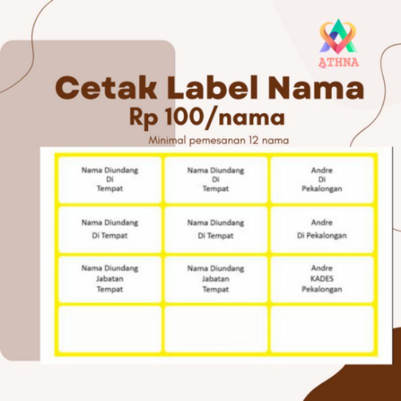 

Athna - Cetak Label Nama Undangan/Pelajaran Sekolah Murah Satu Hari Jadi