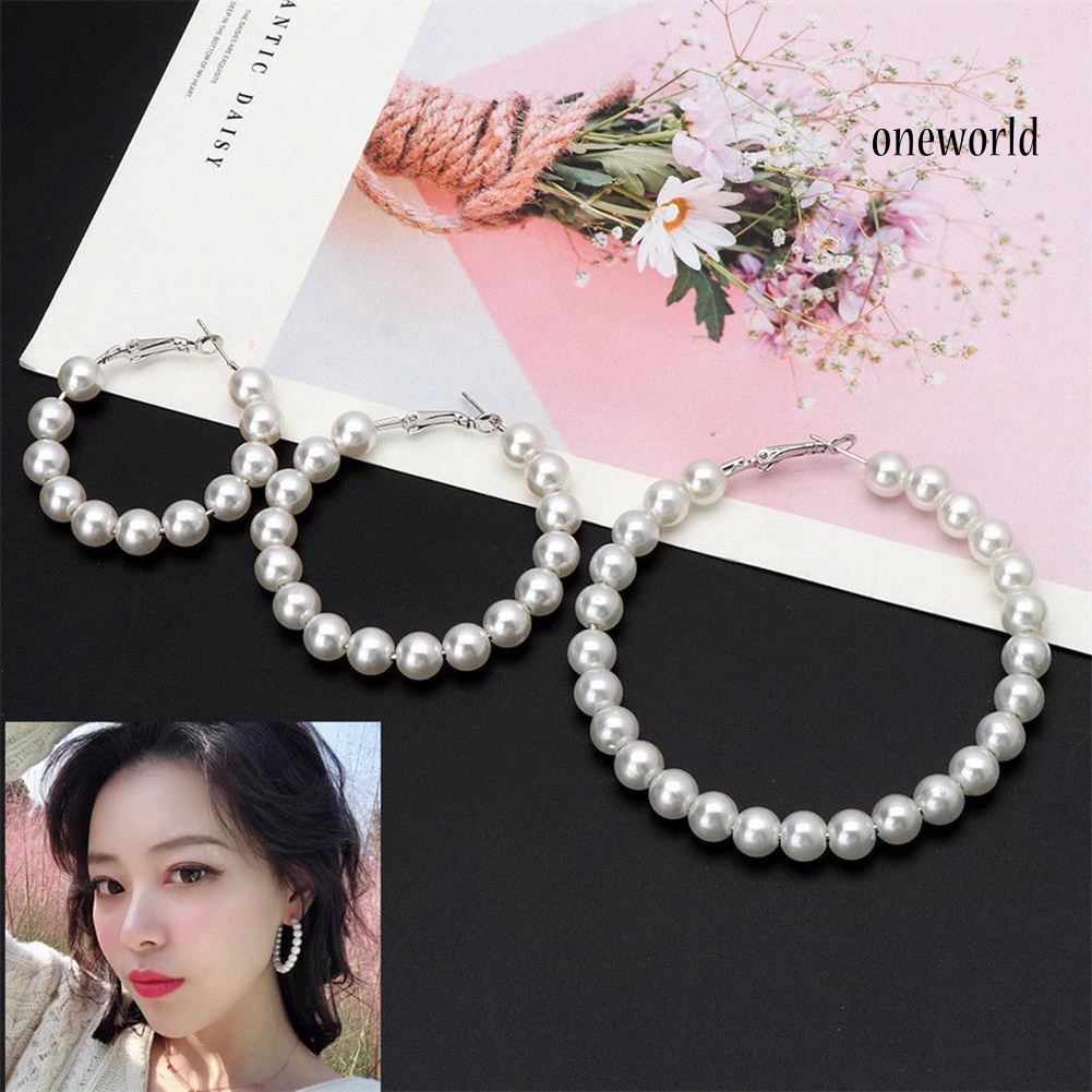 OW@ Elegant Lady Faux Pearl Big Circle Dangle Hoop Earrings Statement Jewelry Gift