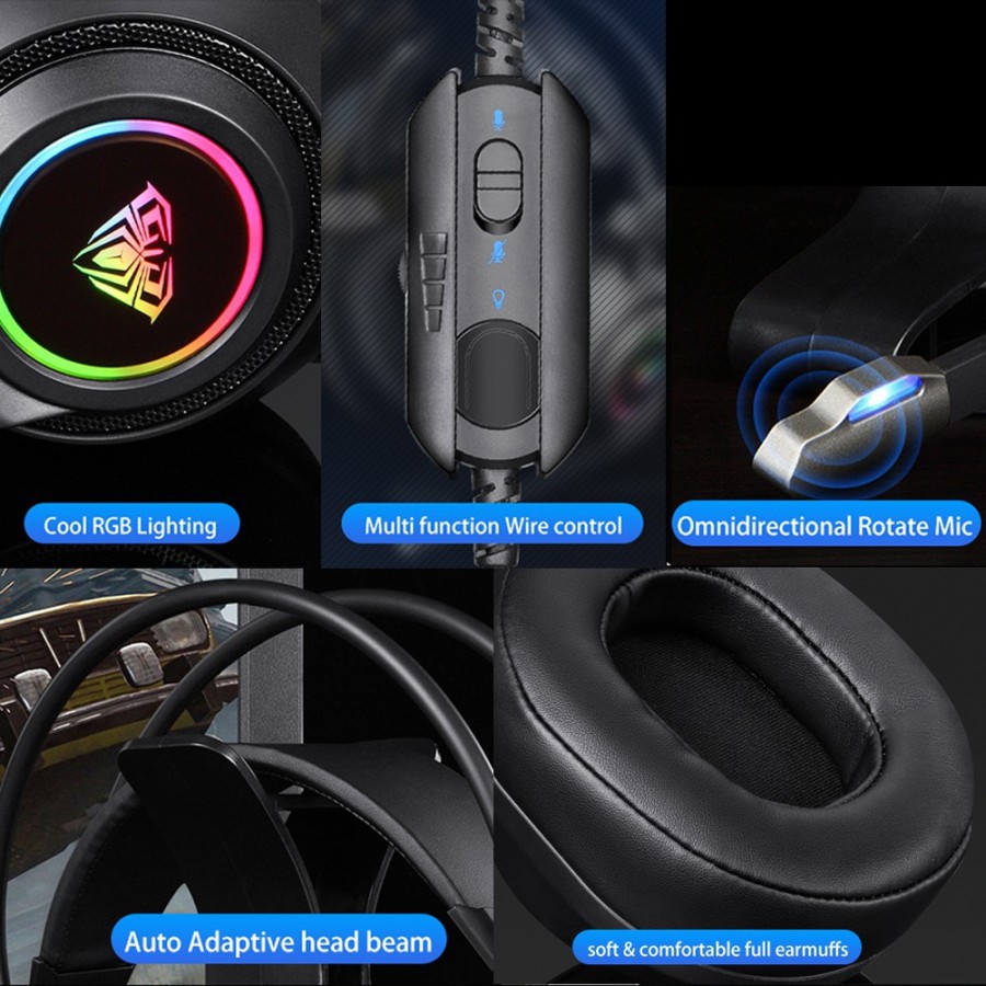 Headset Gaming AULA S600 S-600 USB Virtual 7.1 Surround RGB Light