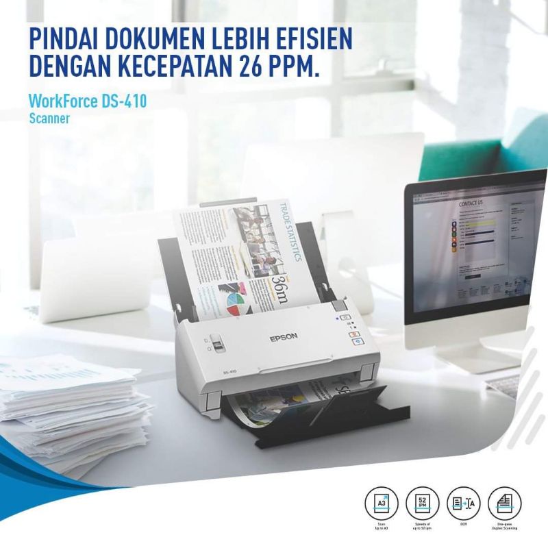 Epson WorkForce DS-410 A4 Duplex Sheet-fed Document Scanner / A4 Duplex Sheet Fed Colour Scanner DS410