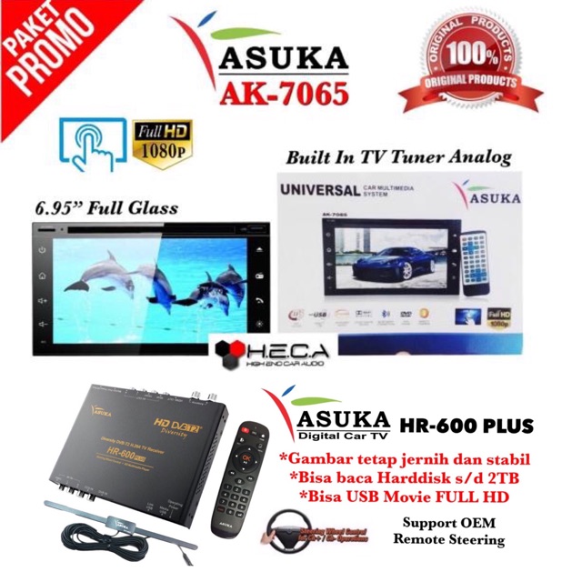 Paket ASUKA AK-7065 Tape Mobil AK 7065 Head Unit Double Din & ASUKA HR-600 PLUS TV Tuner Digital