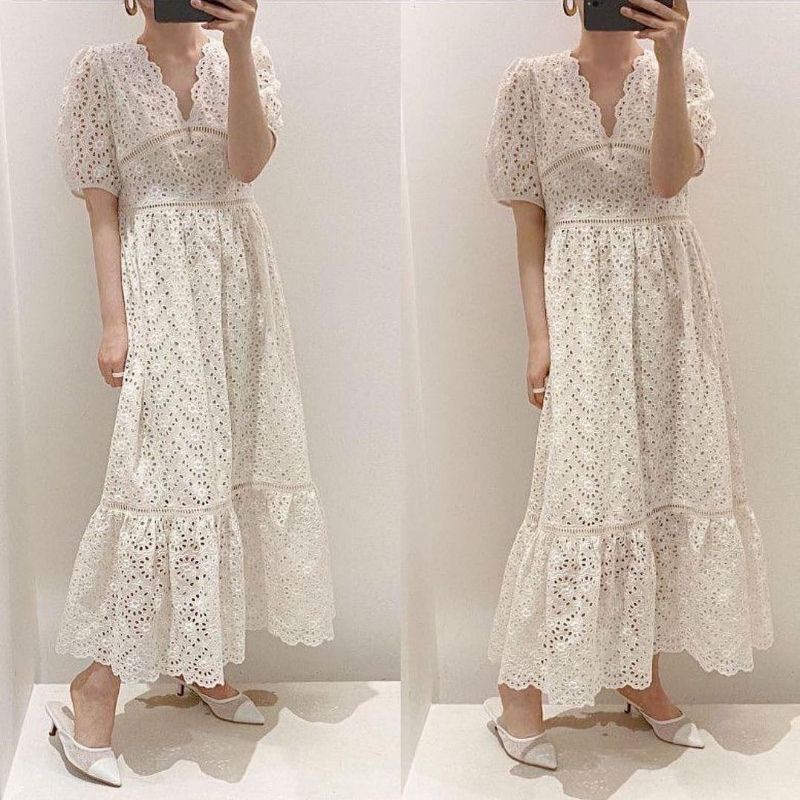 maxi brokat eyelet premium import lengan panjang / gee lace dress / maxi brokat lace eyelet