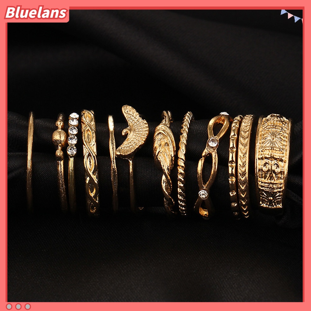 Bluelans 12Pcs Lady Retro Twisted Carved Knuckle Finger Rings Rhinestone Ring Set Jewelry