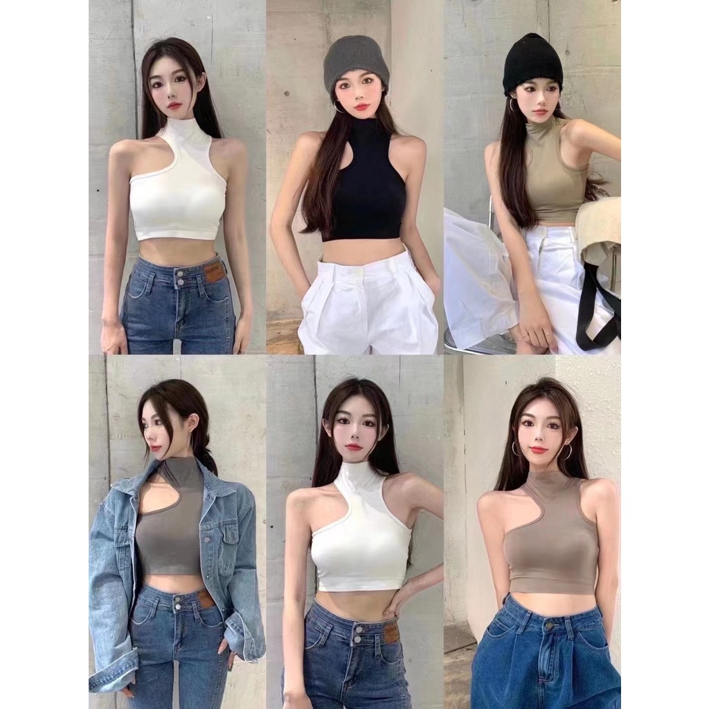 Blackpink Tanktop Wanita Dengan Bahu Miring Atasan Cewek Kamisol Skinny Fit 1204