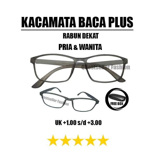 KACAMATA BACA FULL PLUS (+) UKURAN +1.00 S/D +3.00 FRAME ABU RABUN DEKAT UNTUK PRIA DAN WANITA FREECASE