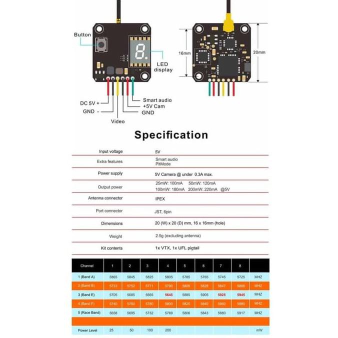 VTX AKK X5 FPV 5.8GHz 37ch AV FPV 25MW-200MW dengan Smart Audio