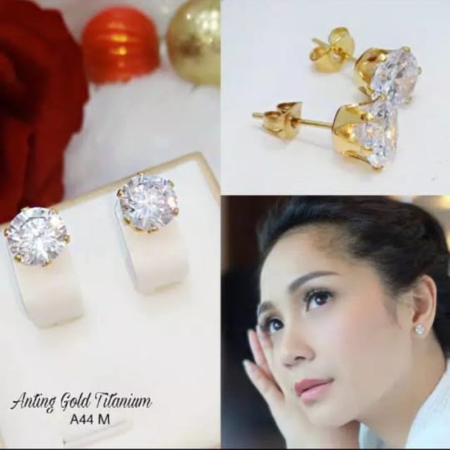 Anting Tusuk Titanium Anti Karat Bulat Satu Mata Asli Wanita Silver Gold