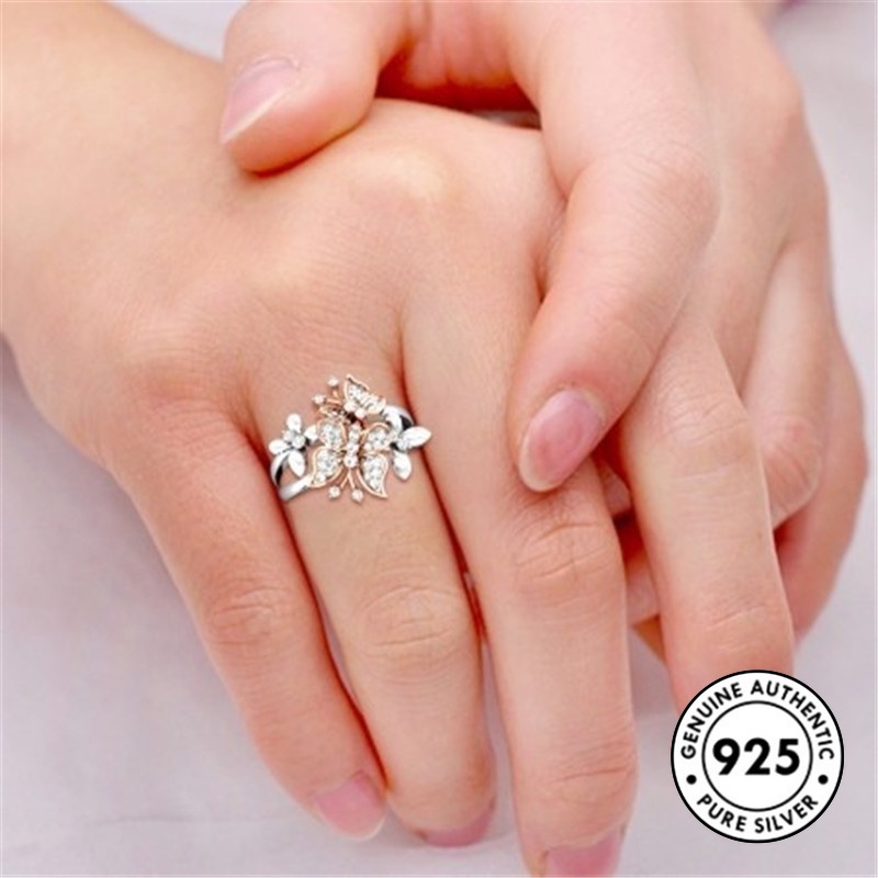 Cincin Bentuk Kupu-Kupu Aksen Berlian Bahan S925 Silver Plated Warna Rose Gold Butterfly