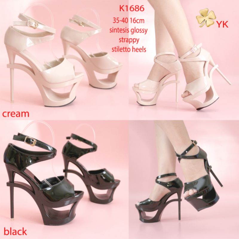YKshoes 1686 heels 16cm black cream stiletto heels strappy high heels sepatu hak tali tinggi high he