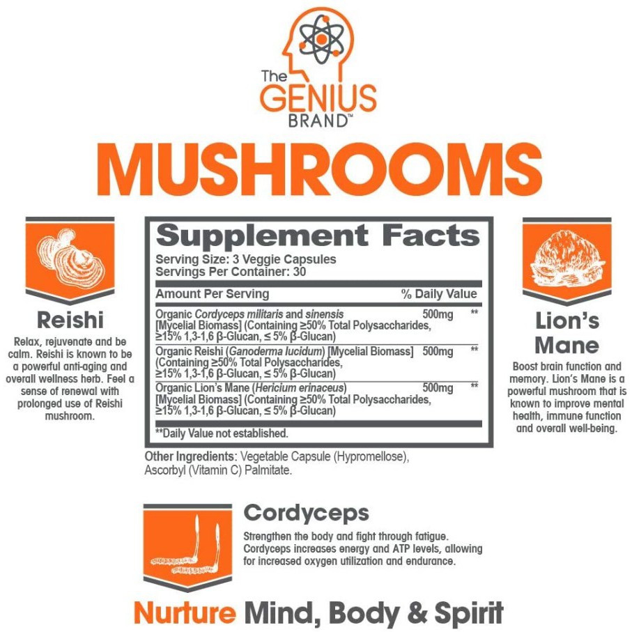 Genius Mushroom - Lions Mane, Cordyceps &amp; Reishi - 90 Veggie Caps Mushrooms