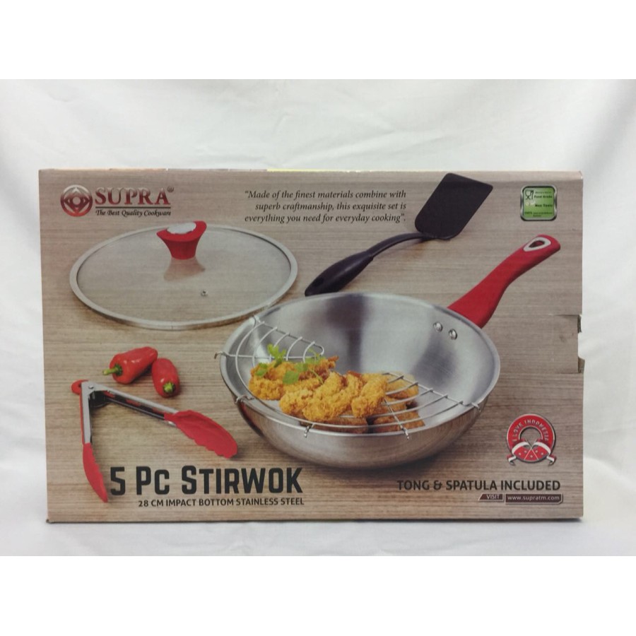 SUPRA Stir Wok 28 cm 5 Pcs Stainless Tutup Kaca Wajan Saringan Spatula