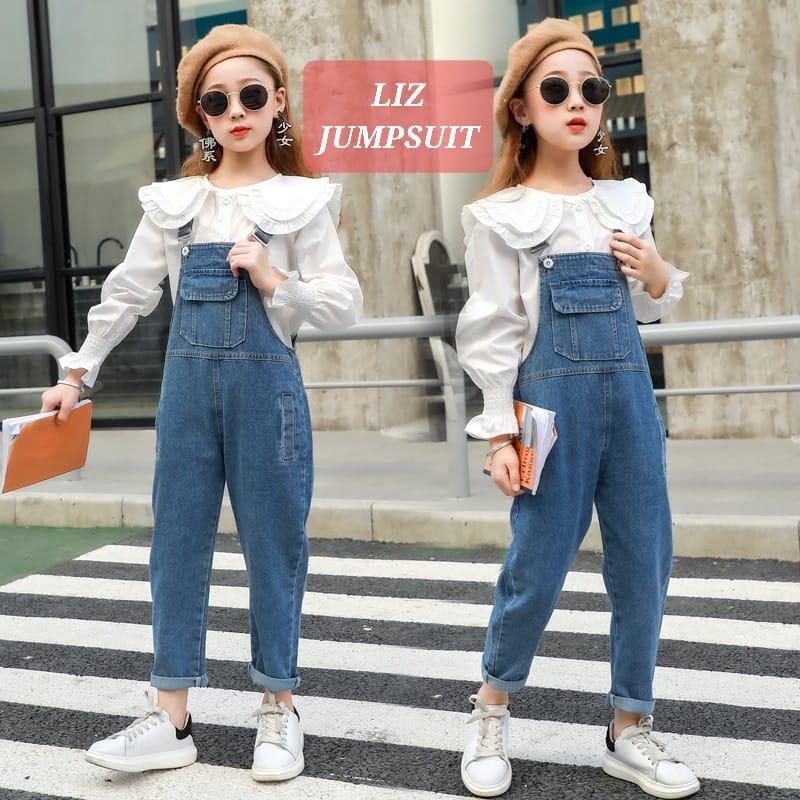 LIZ JUMPSUIT SET SETELAN OVERALL KEMEJA ANAK REWAJA CEWEK KOREA IMPORT JEANS DENIM