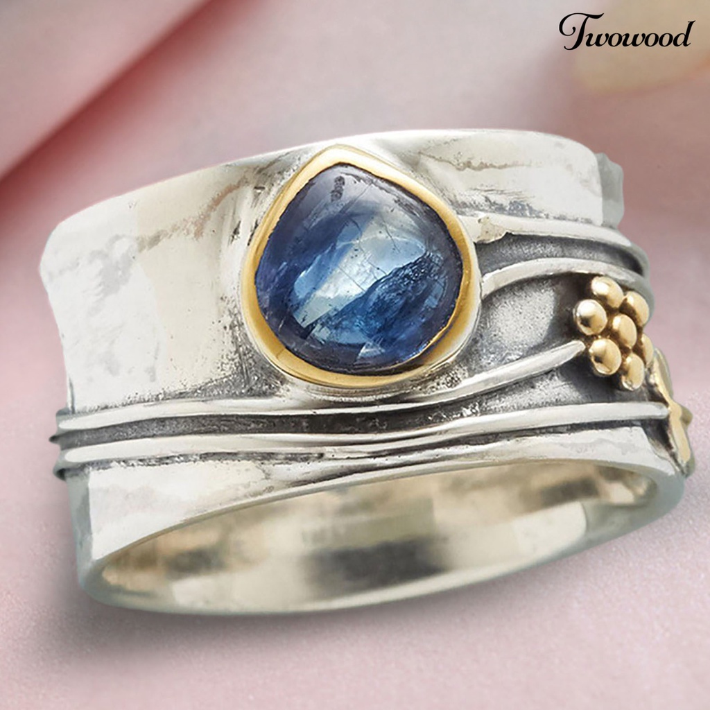 Twowood Two-tone Simple Statement Vintage Ring Blue Faux Gem Leaves Flower Finger Ring Jewelry Accessaries