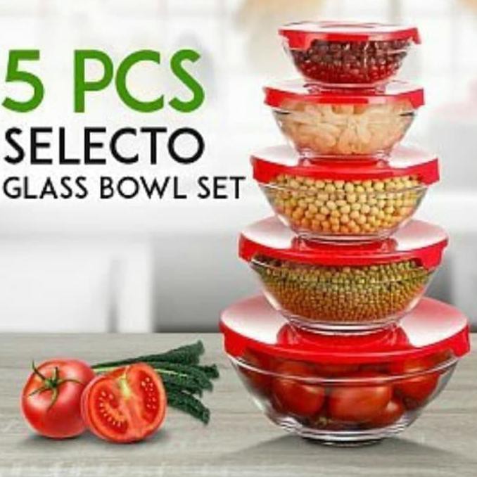 MANGKOK BERANAK KACA SET 5 mangkok kaca + tutup - Merah MURAAAh
