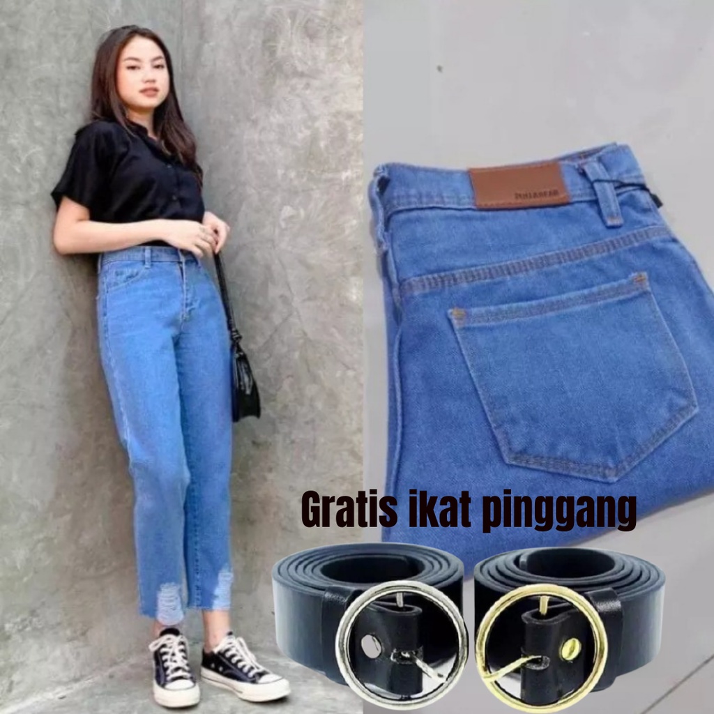 Celana Boyfrend Sobek Wanita-Celana Jeans Sobek Bawah  Terbaru