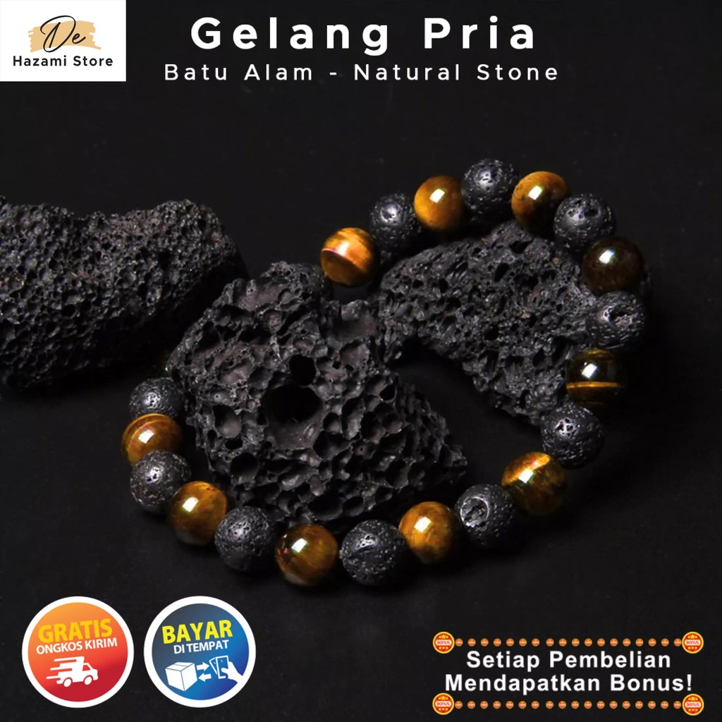 BISA COD Gelang Pria Batu Akik Tiger Eye Lava Stone Meteor Hitam Tali Keren Distro Korea Terbaru