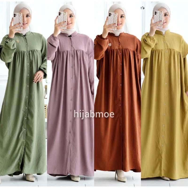 Hijab Sisters Sherly Dress / Maxy Wanita Crinckle Airflow Polos LD 114 Full Kancing Busui / Gamis Ju