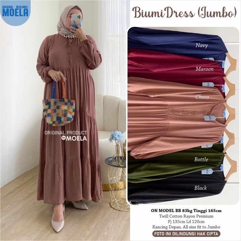Gamis dress rayon polos Amora/Anse/Celin/Baisa/Biumi/Molin/Ciaji/Jihas/Flate/Tosti/Milly/Tisa/Siuti/Chesa/Fimel/Yapi/Lilci/Balo/Polse/Rensi/Silom/Neta/Rome by Moela berlabel-Biumi choco