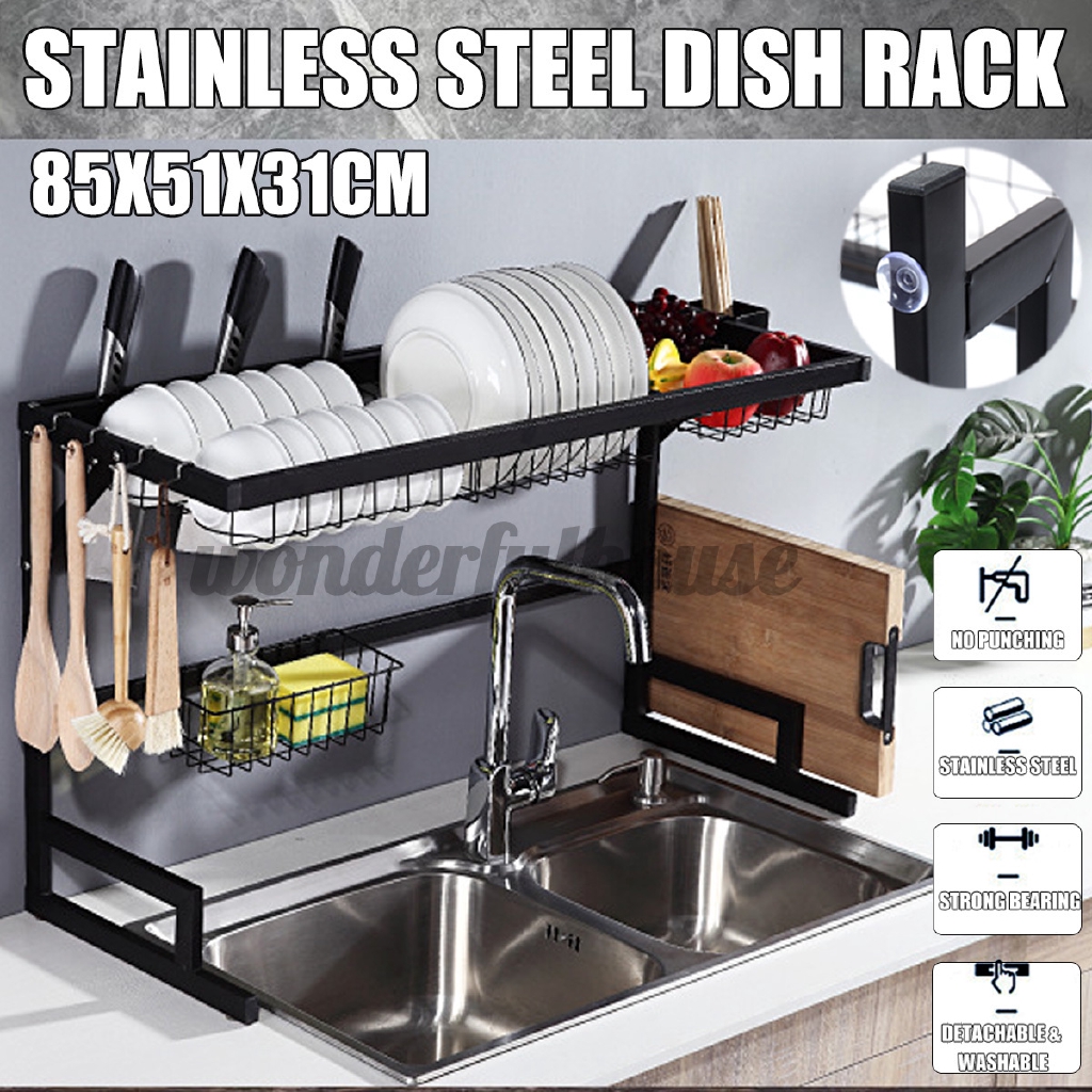 Ready Stock Dish Drying Rack Drainer Stainless Steel Cutlery Holder Shelf Kitchen Sink Shopee Indonesia