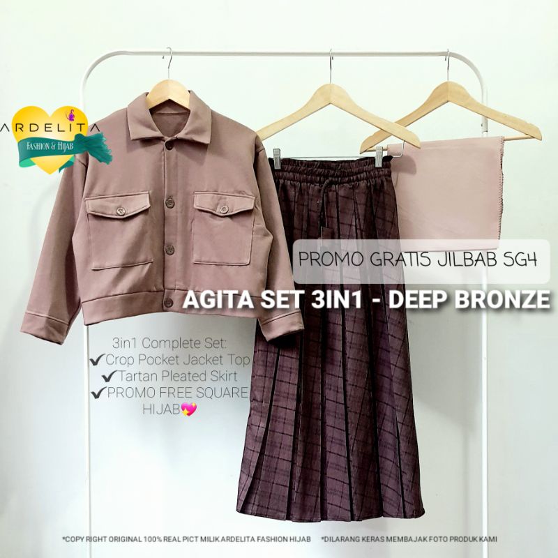 PROMO FREE JILBAB ORI 100% REAL PICT AGITA 3IN1 SET BAJU SETELAN WANITA HIJAB LEBARAN 2022 OOTD SELEGRAM BAJU VIRAL KEKINIAN MODEL TERBARU SETELAN UNTUK WANITA REMAJA-AGITA SET-DEEP BRONZ
