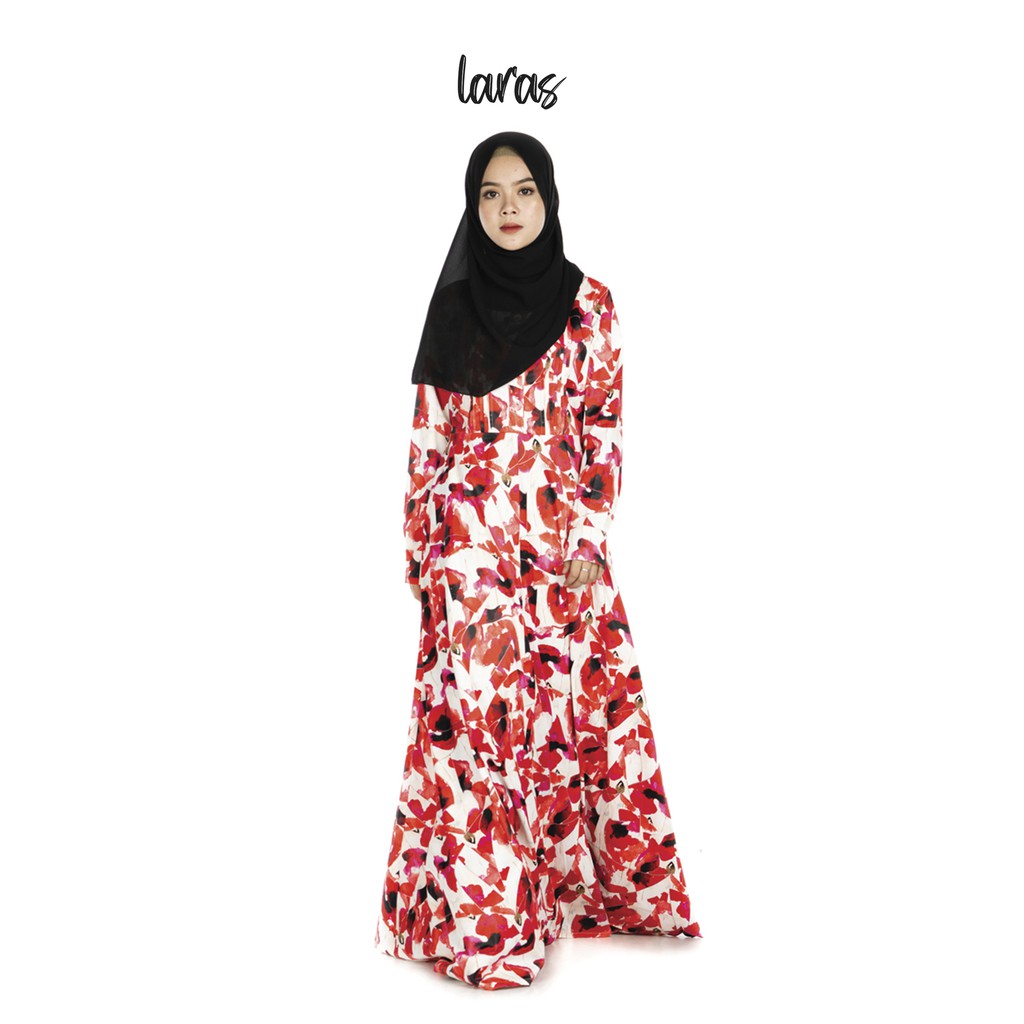 Gamis Satin Silk Motif Bunga By Laras Fashion Muslim Warna Merah