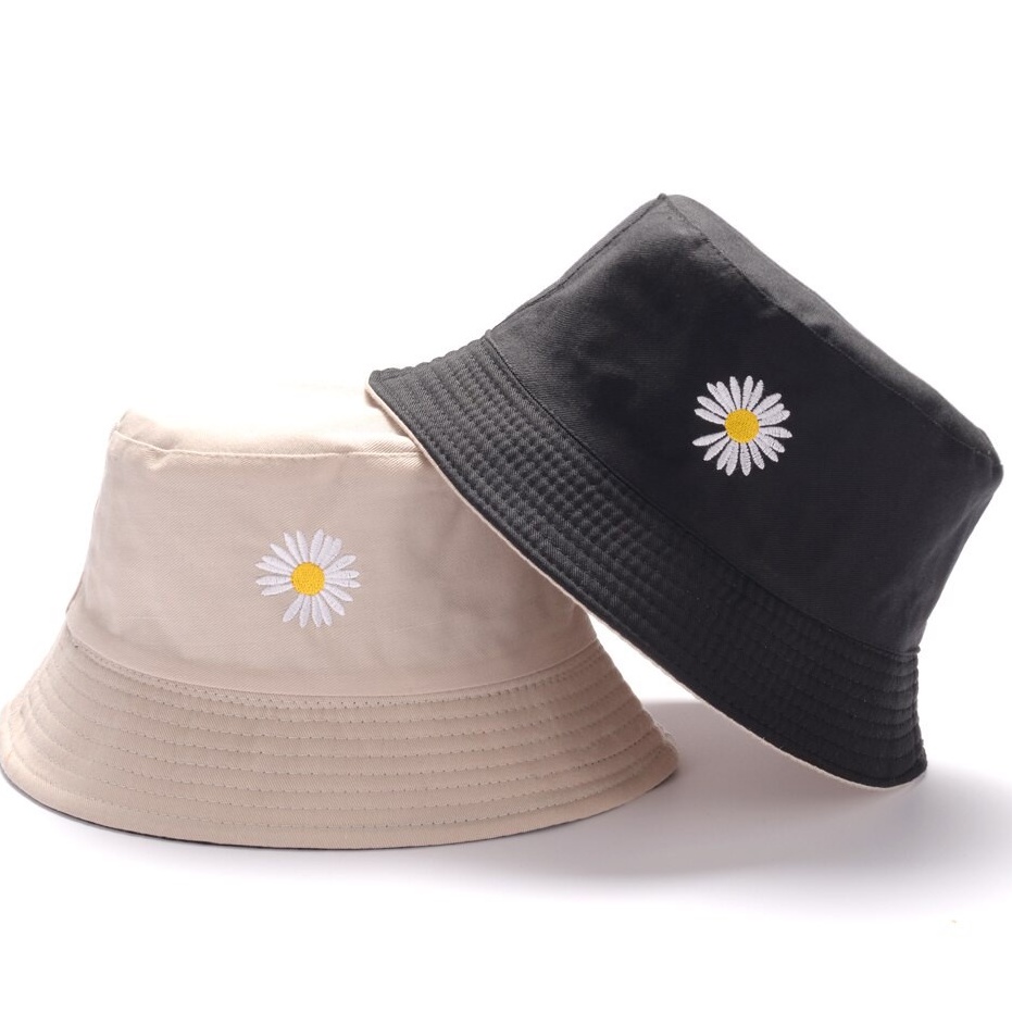 Topi Bucket dewasa Dua Sisi  Motif Bordir Bunga Daisy Bahan Drill premium / Bucket Bordir Bunga