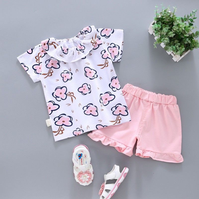 Baju anak cewek setelan perempuan lengan pendek+celana pendek motif bunga import-6