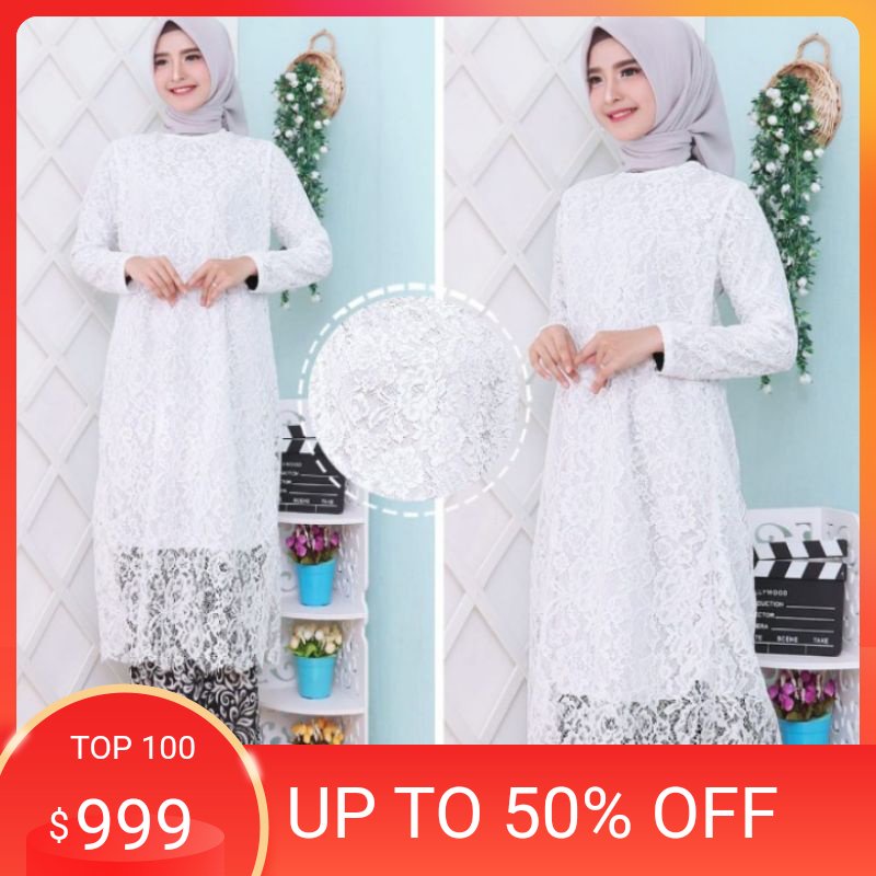 Promo  KEBAYA BROKAT TUNIK MODERN / SET TUNIK PUTIH BRUKAT MUSLIM / SETELAN KEBAYA BRUKAT JUMBO / KE