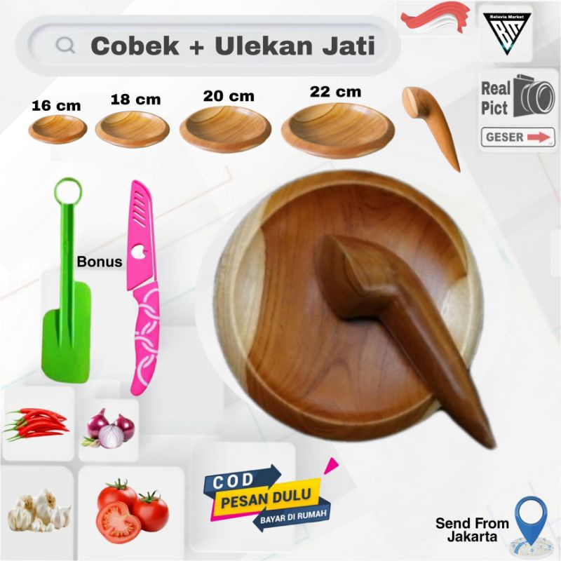 Cobek Ulek Kayu Jati Asli (Bonus Solet, Mangkuk Sambel, Pisau Sarung)