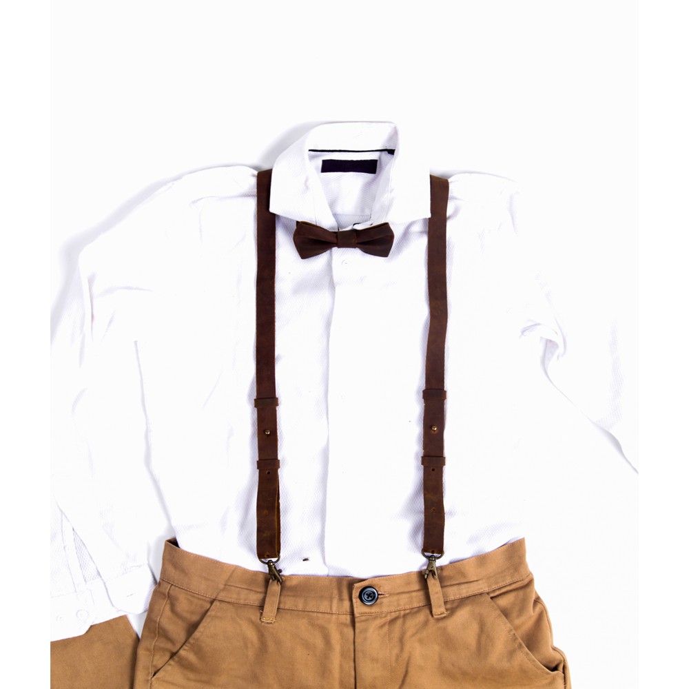 Exclusive 1 set Aksesoris Suspender dan Bowtie Vintage Kulit mewah (LESLEY WOODY)